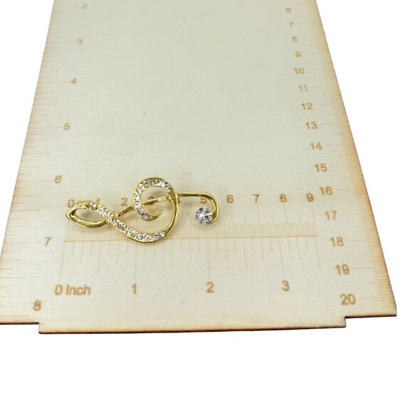Vintage Crystal Music Note Brooch Pin 2", Gold-Tone, Elegant Treble Clef - Picture 10 of 10